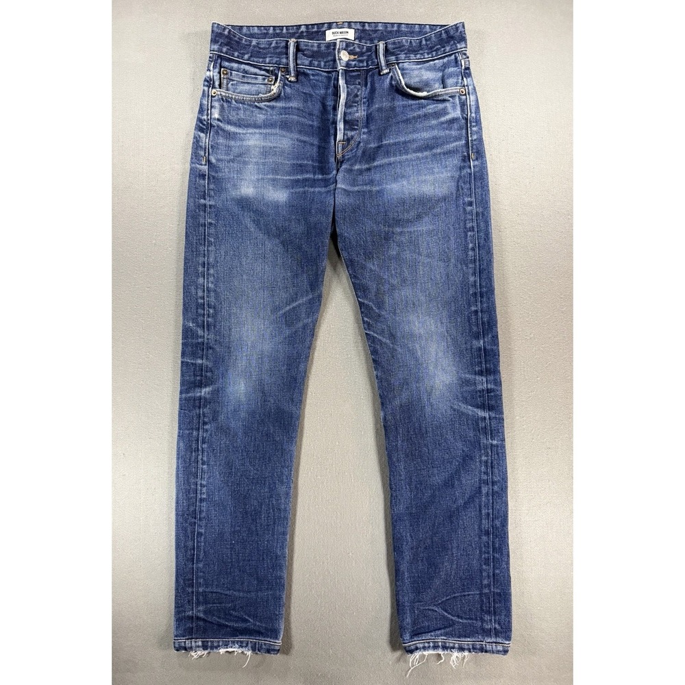 Buck Mason Blue Denim Jeans Size 32x30 Slim Fit Made In USA Whiskering Fade
